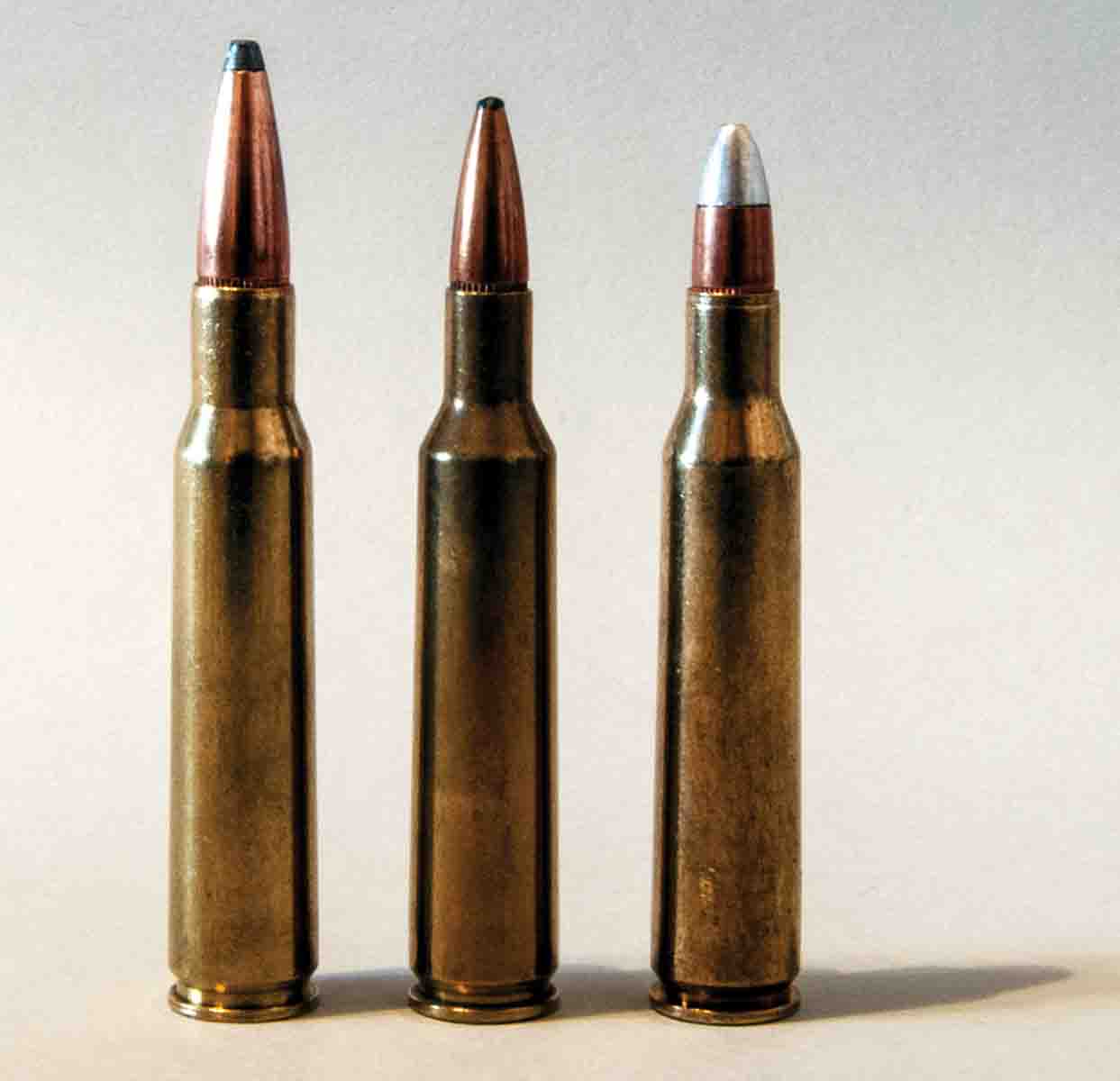 The 7x57 Mauser (left) was the base case for the 6mm Remington (center) and the .257 Roberts (right). The 7x57 will handle a broader range of bullet weights.